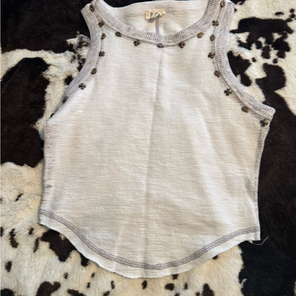 POL Embellished Sleeveless Top in Off-White with embroidery on neckline